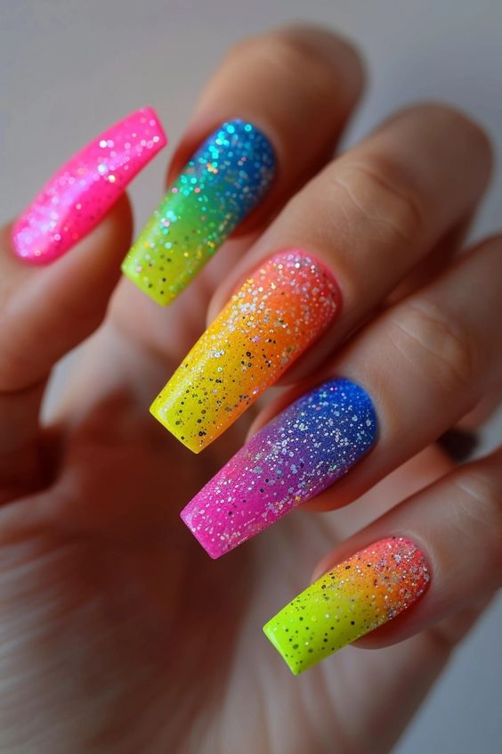 Glittery Rainbow Gradient Nails